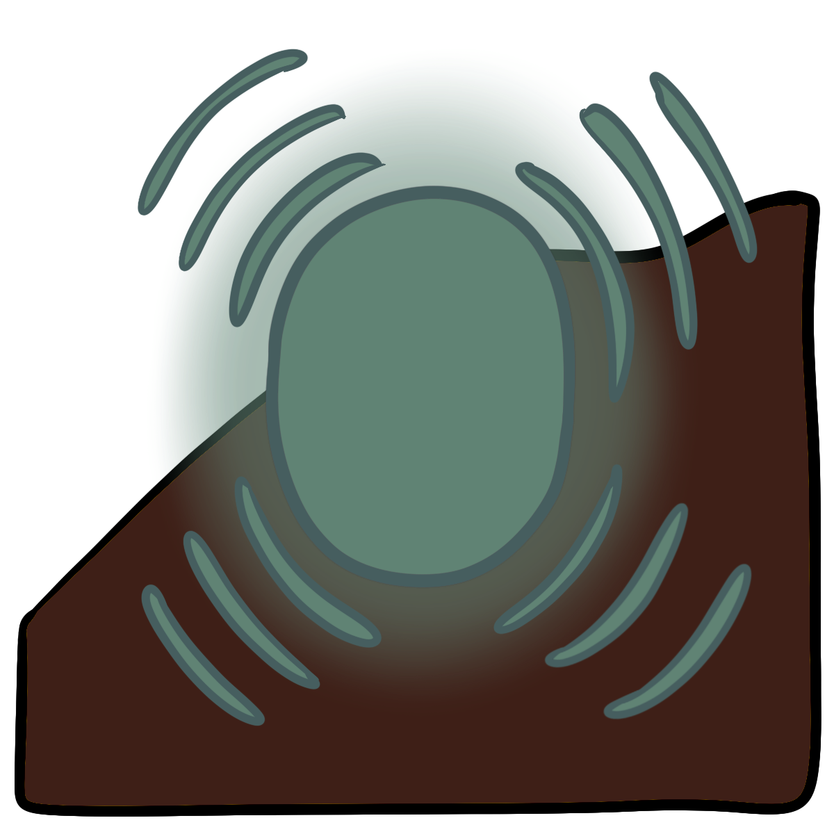 A seafoam green glowing oval with three curved lines pulsing out in four directions.  Curved dark brown skin fills the bottom half of the background.
